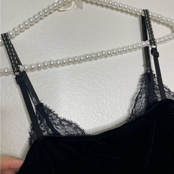 Maje Size 1 Black Velvet Sleeveless Top Lace Lisa Slip Camisole Faux Leather - Picture 9 of 12